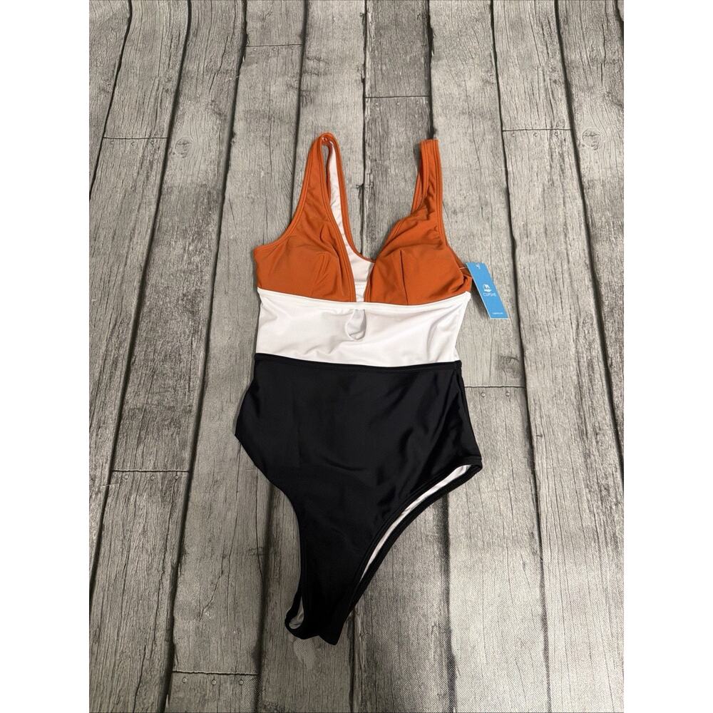 Cupshe Womens Colorblock V-Neck One Piece Swimsuit Rust White Black XS X-Small